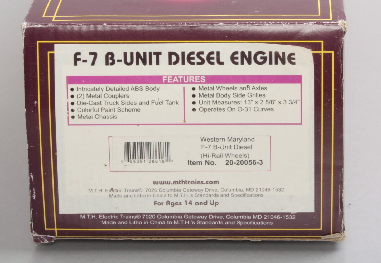 MTH 20-20056-3 Western Maryland F-7B Diesel Engine #404
