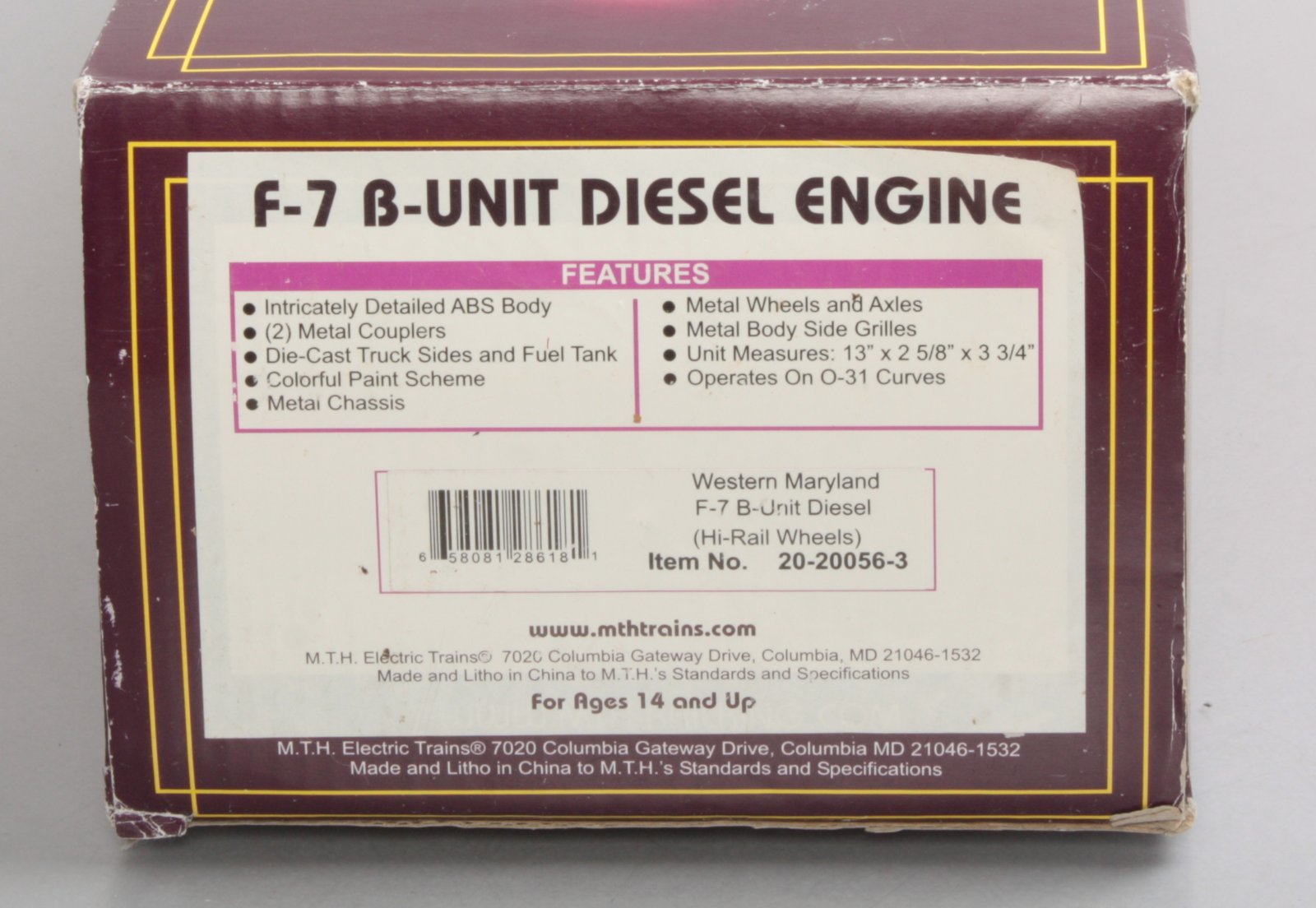 MTH 20-20056-3 Western Maryland F-7B Diesel Engine #404