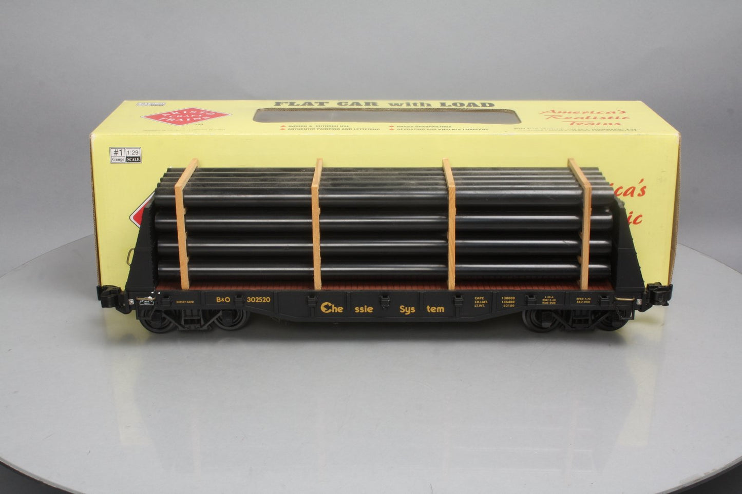 Aristo-Craft 46409 G Scale Chessie System Flat Car w/Pipe Load - Plastic Wheels