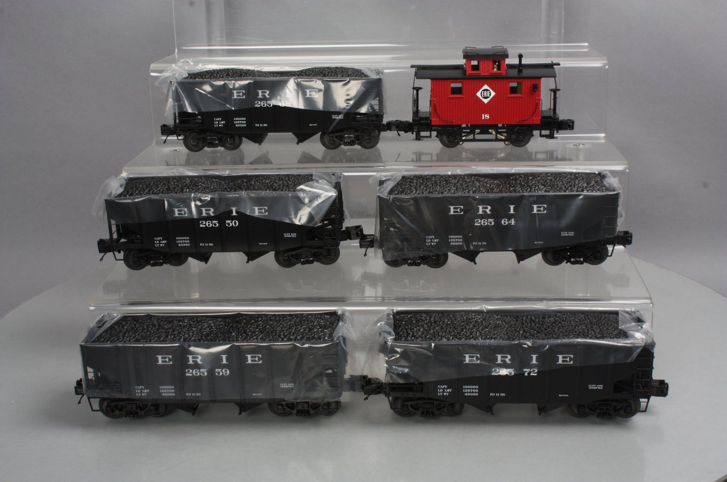 MTH 20-90672 O Erie 2-Bay Fish Belly Hopper Car Set with Caboose (Set of 5)