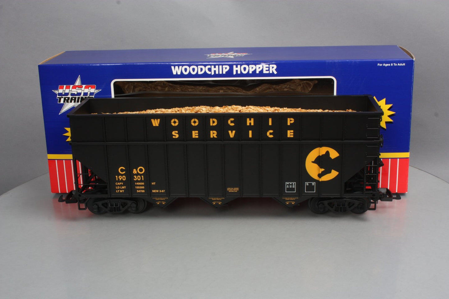 USA Trains R14087 G Chessie Woodchip Car with "Real" Woodchip Load #190301