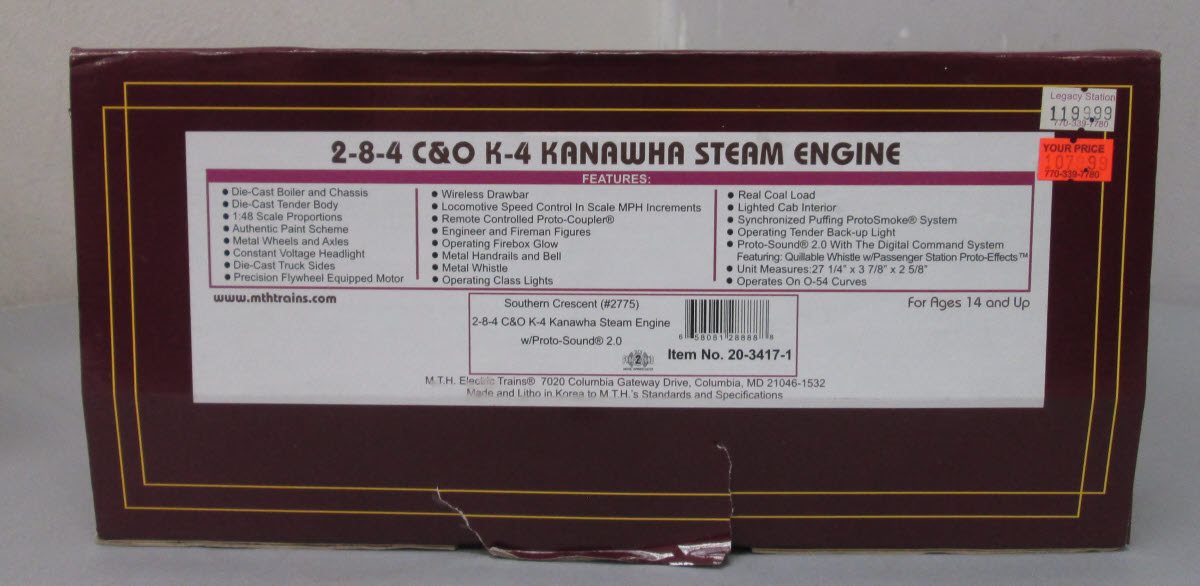 MTH 20-3417-1 Southern "C&O" K-4 2-8-4 Kanawha Steam Loco & Tender w/PS2 #2775