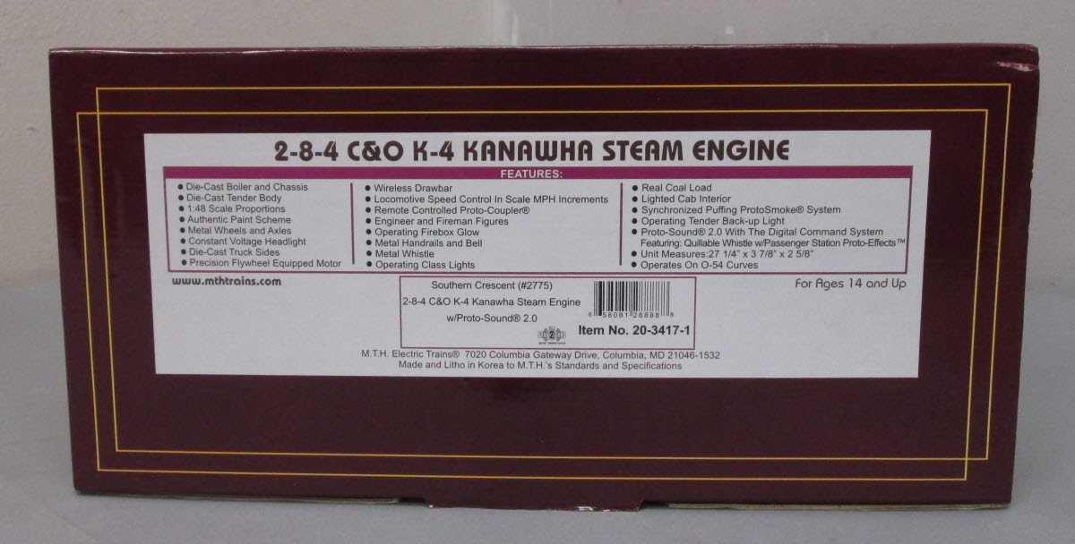 MTH 20-3417-1 Southern "C&O" K-4 2-8-4 Kanawha Steam Loco & Tender w/PS2 #2775