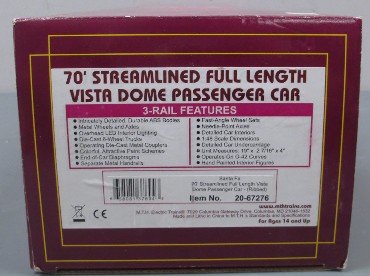 MTH 20-67276 Santa Fe 70' Streamlined Full Length Vista Dome Passenger Car