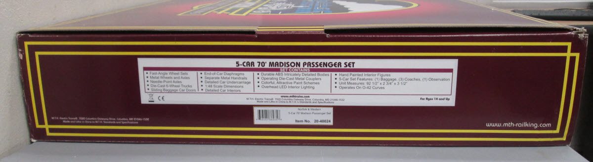 MTH 20-40024 O Norfolk & Western 70' Madison Passenger Car Set (Set of 5)