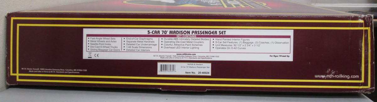 MTH 20-40024 O Norfolk & Western 70' Madison Passenger Car Set (Set of 5)