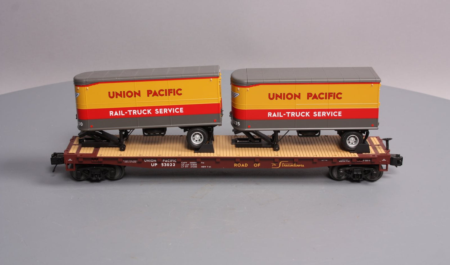 MTH 20-95124 O Gauge Union Pacific Flatcar w/ 2 Pup Trailers #53022