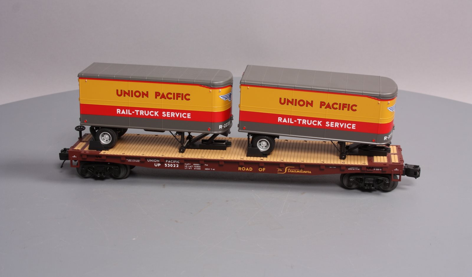 MTH 20-95124 O Gauge Union Pacific Flatcar w/ 2 Pup Trailers #53022