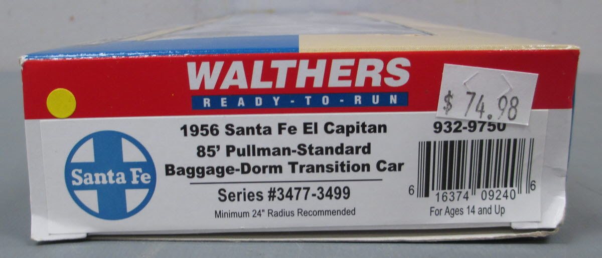 Walthers 932-9750 HO Santa Fe El Capitan 85' P-S Baggage-Dorm Transition Car