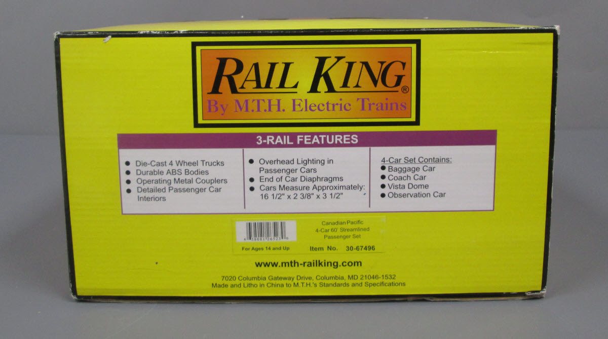 MTH 30-67496 O Canadian Pacific 60' Streamlined Passenger Car Set (Set of 4)