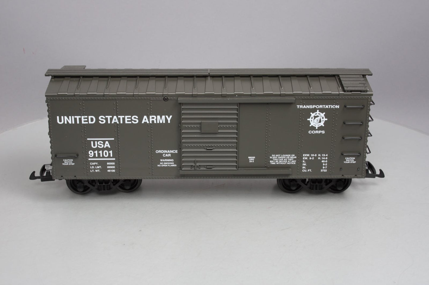 USA Trains R19071 G U.S. Army Ordinance Steel Box Car #91101 Green
