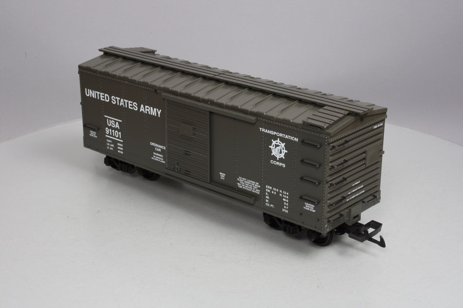 USA Trains R19071 G U.S. Army Ordinance Steel Box Car #91101 Green