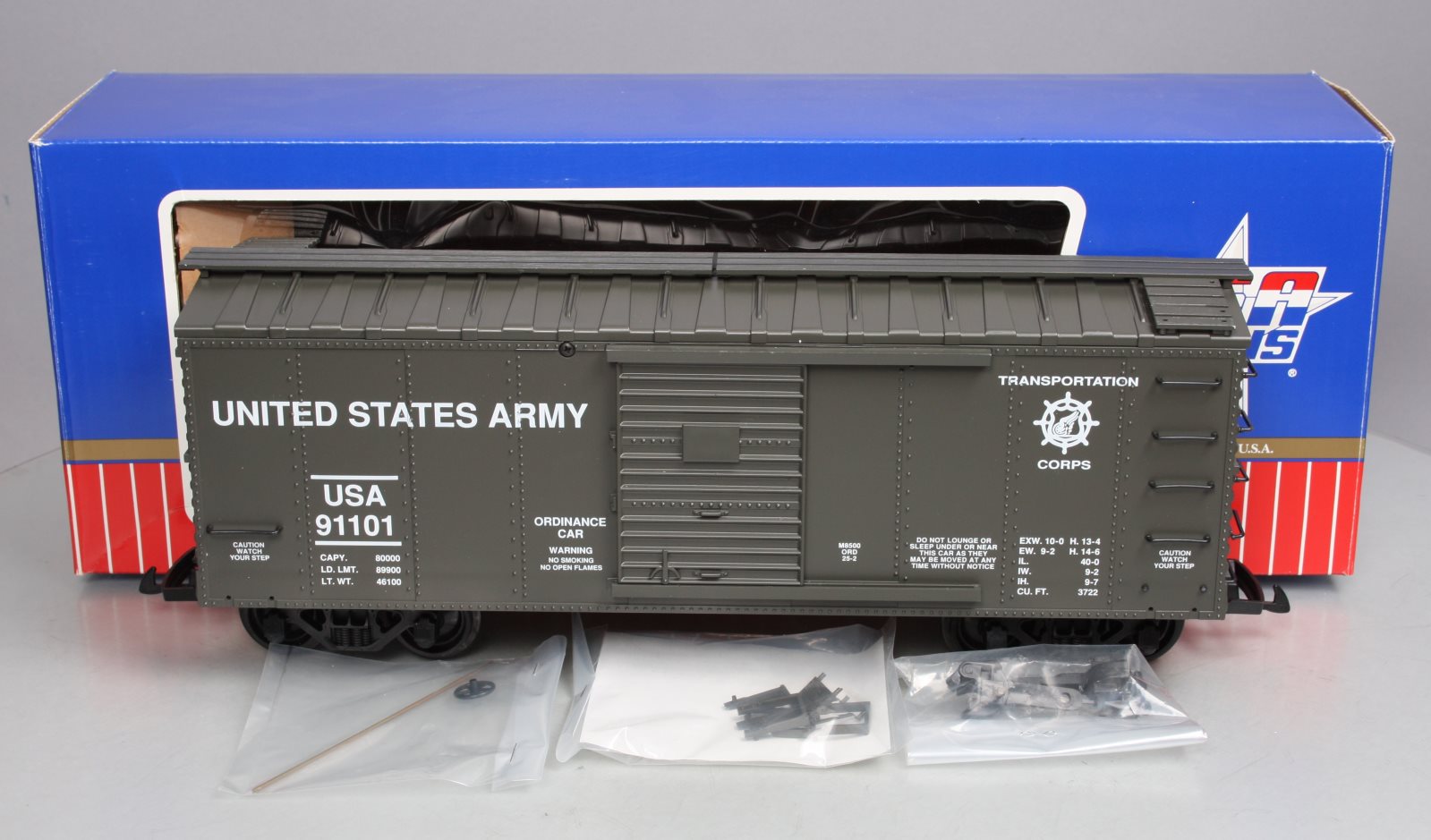 USA Trains R19071 G U.S. Army Ordinance Steel Box Car #91101 Green