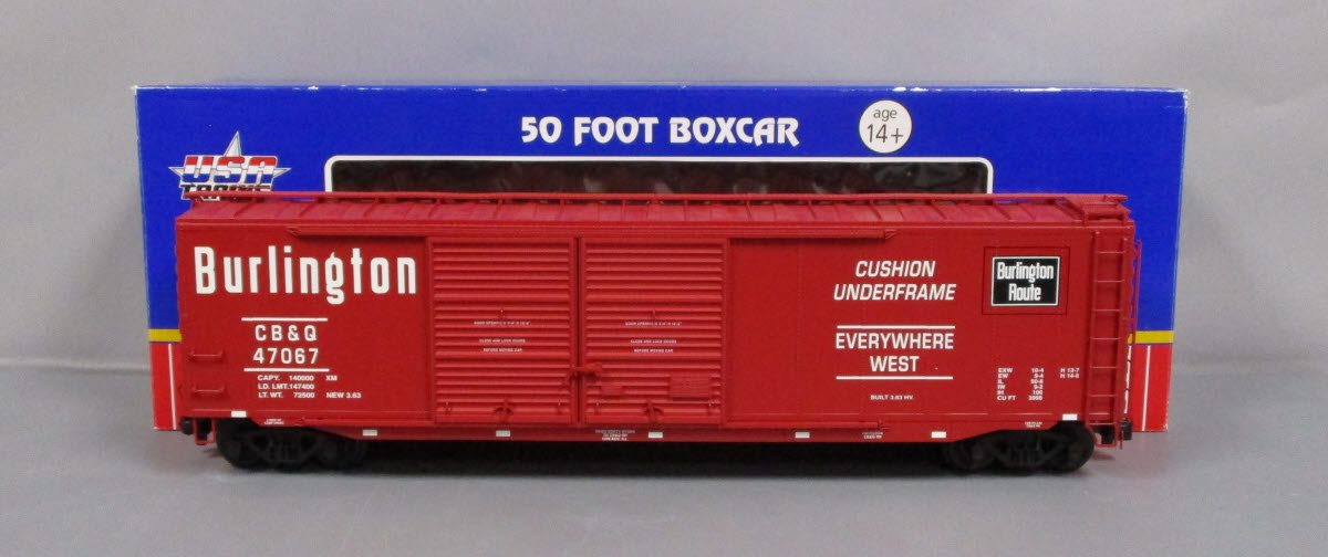 USA Trains R19313B G Burlington Route 50 Ft. DD Boxcar #47067 - Metal Wheels
