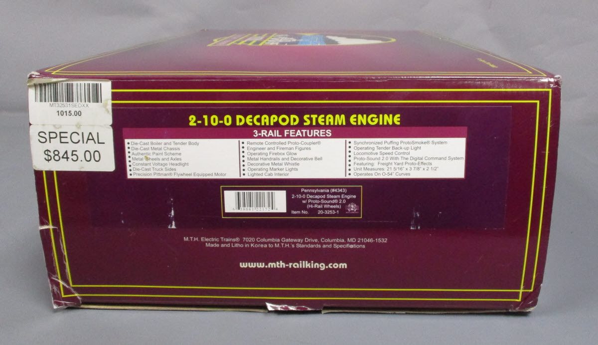 MTH 20-3253-1 PRR 2-10-0 Decapod Steam Locomotive HighRail w/PS 2.0 #4343