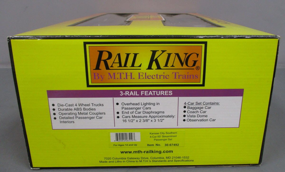 MTH 30-67492 O Kansas City Southern 60' Streamlined Passenger Car Set (Set of 4)