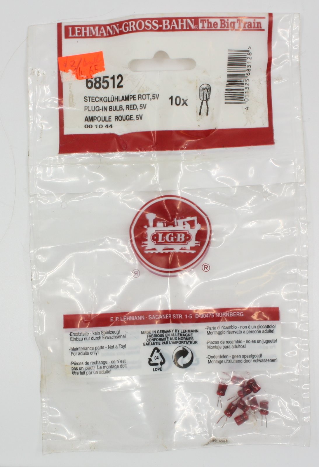 LGB 68512 (5051/2) G Scale 5 Volt Red Plug-In Light Bulb (Pack of 10)