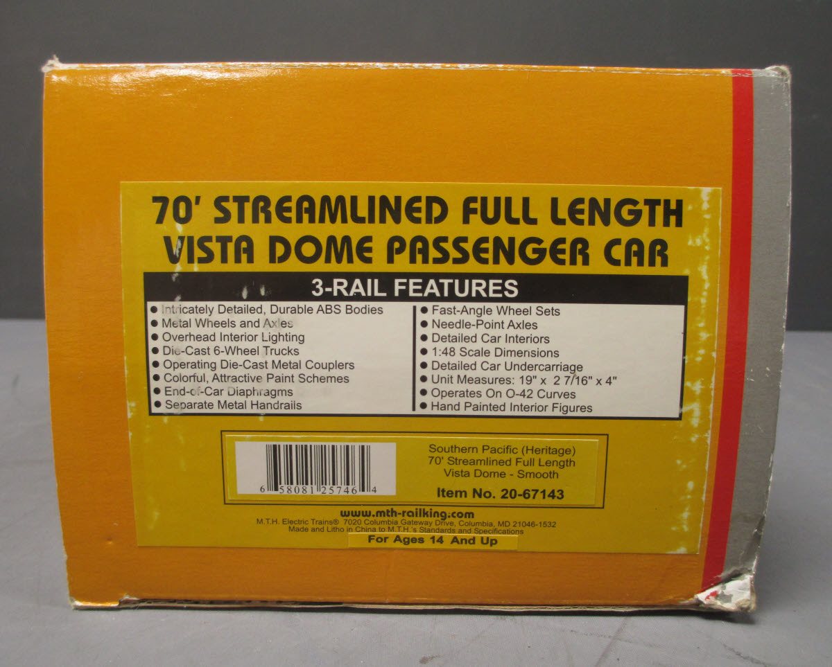MTH 20-67143 O Gauge Southern Pacific 70' ABS Full Length Vista Dome Car