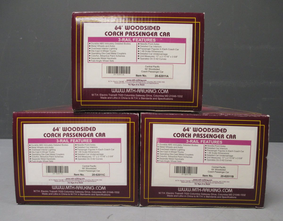 MTH 20-62011 O Central Pacific 64' Woodsided Passenger Car Set (Set of 3)