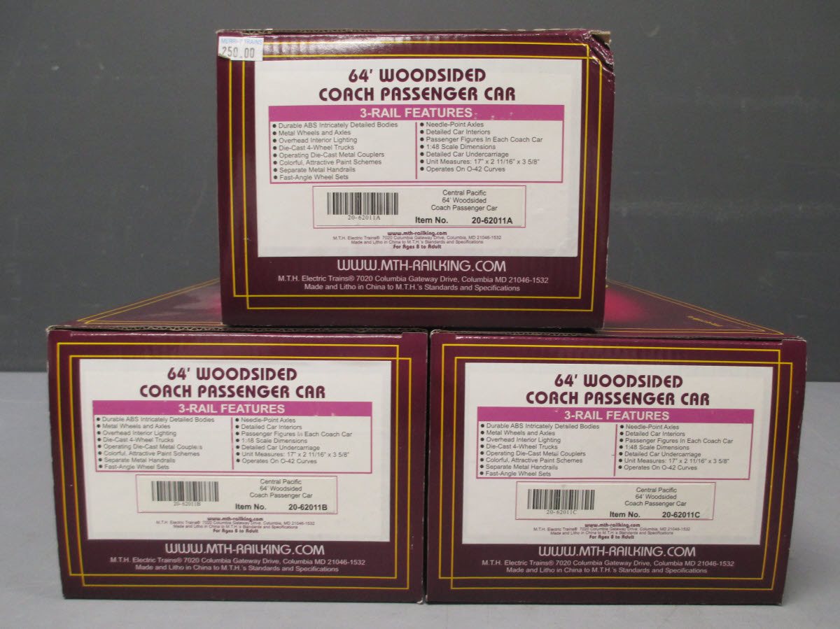 MTH 20-62011 O Central Pacific 64' Woodsided Passenger Car Set (Set of 3)