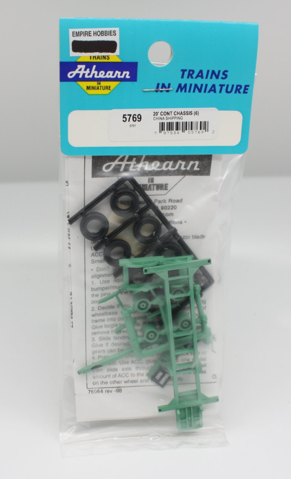 Athearn 5769 HO Green China Shipping 20'' Container Chassis Plastic Kit