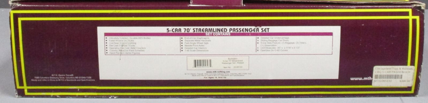 MTH 20-65133 O Burlington 70' Streamlined Ribbed Sided Passenger Set (Set of 5)