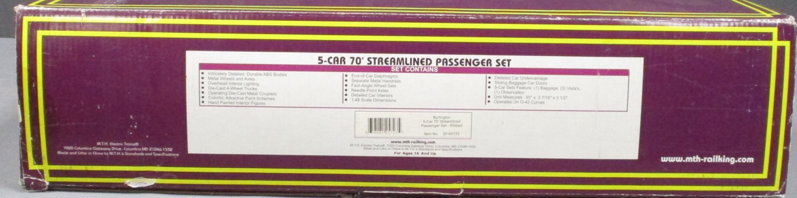MTH 20-65133 O Burlington 70' Streamlined Ribbed Sided Passenger Set (Set of 5)