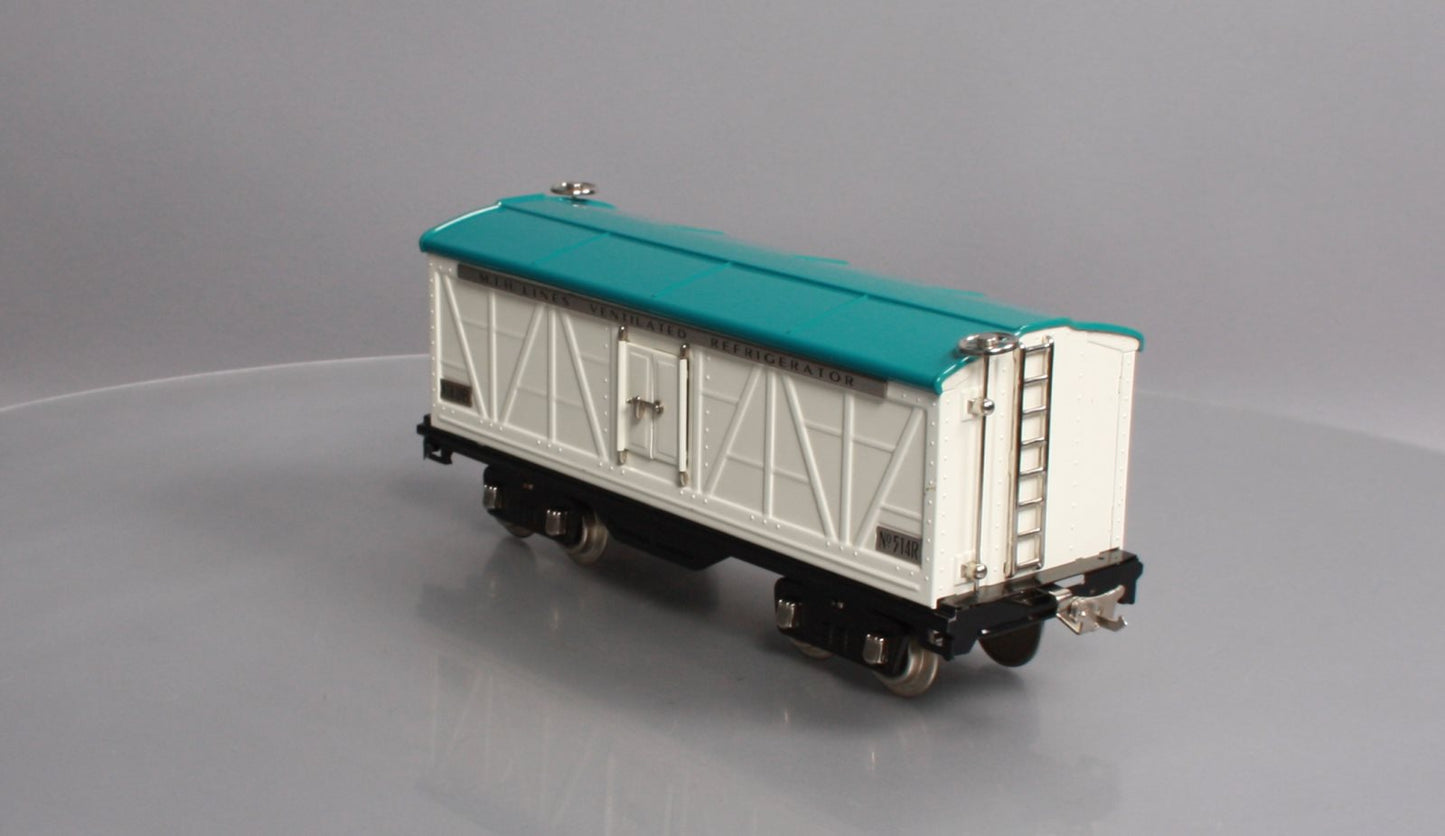 MTH 10-1089 Std. Gauge White & Blue Tinplate Reefer Car #514R with Nickel Trim