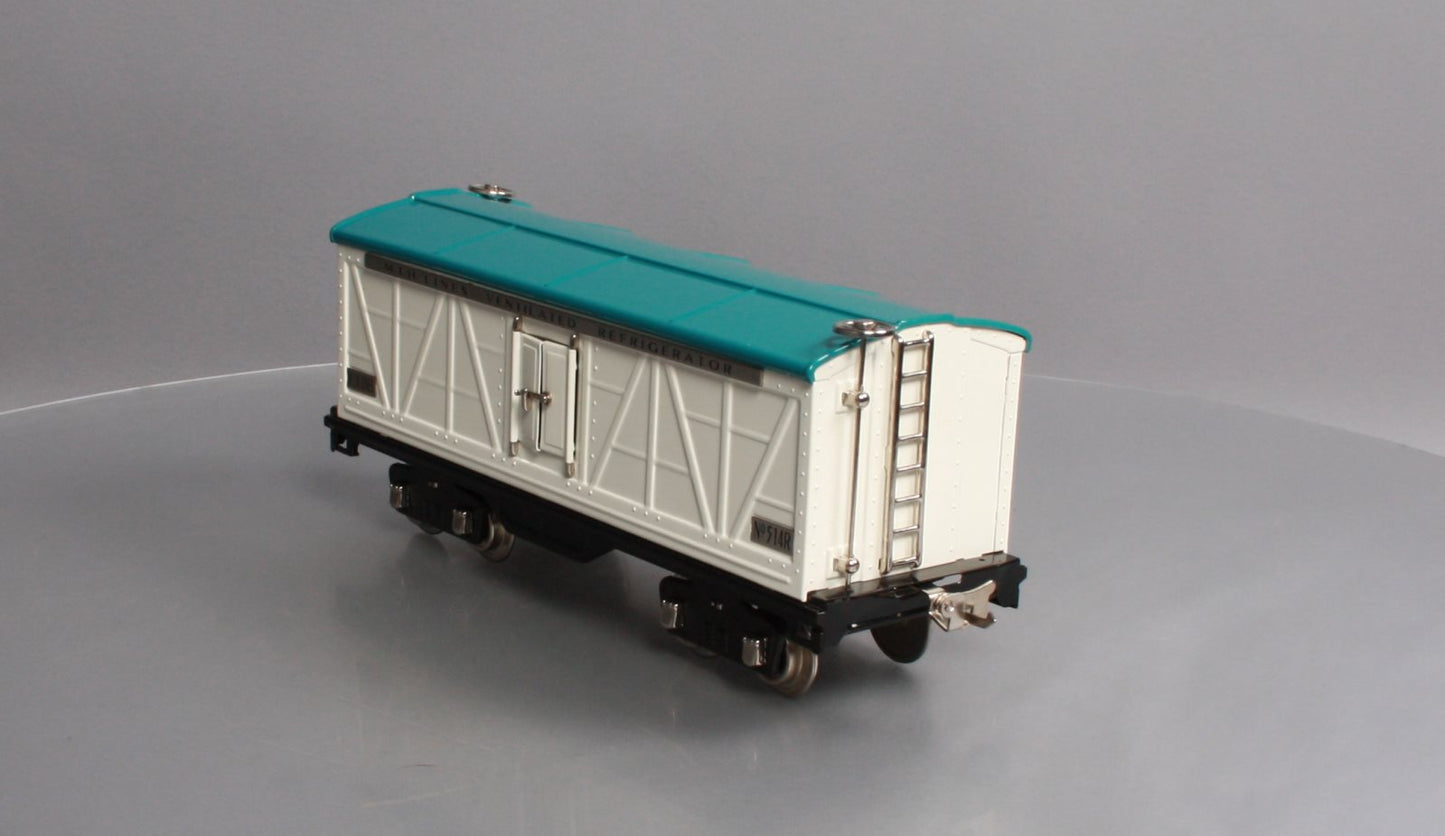 MTH 10-1089 Std. Gauge White & Blue Tinplate Reefer Car #514R with Nickel Trim