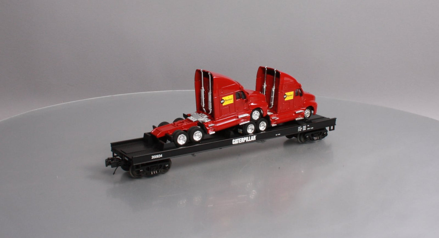 MTH 20-98531 O Gauge Caterpillar Flat Car w/ 2 CAT Rental Store Haulers #200634