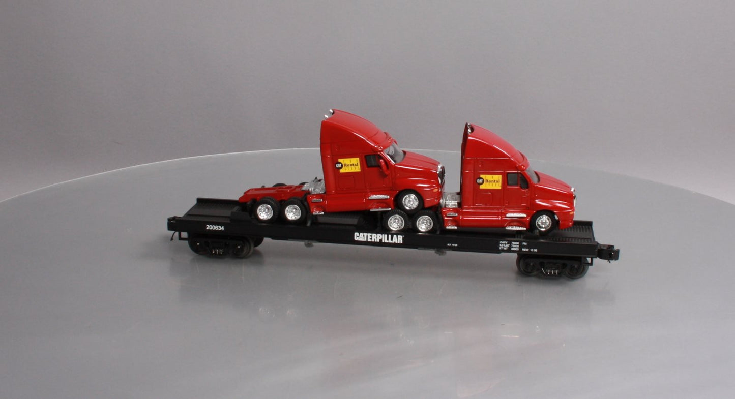 MTH 20-98531 O Gauge Caterpillar Flat Car w/ 2 CAT Rental Store Haulers #200634