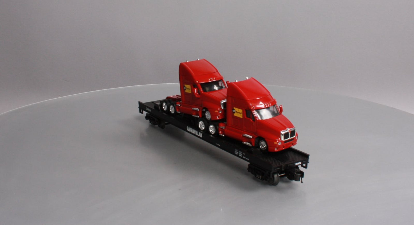 MTH 20-98531 O Gauge Caterpillar Flat Car w/ 2 CAT Rental Store Haulers #200634