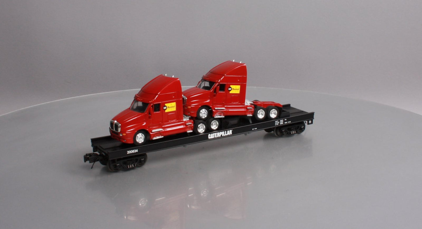 MTH 20-98531 O Gauge Caterpillar Flat Car w/ 2 CAT Rental Store Haulers #200634