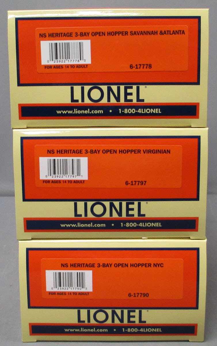 Lionel 6-17775 O Gauge NS Heritage S&A,VGN, NYC 3-Bay Hopper Car 3-Pack