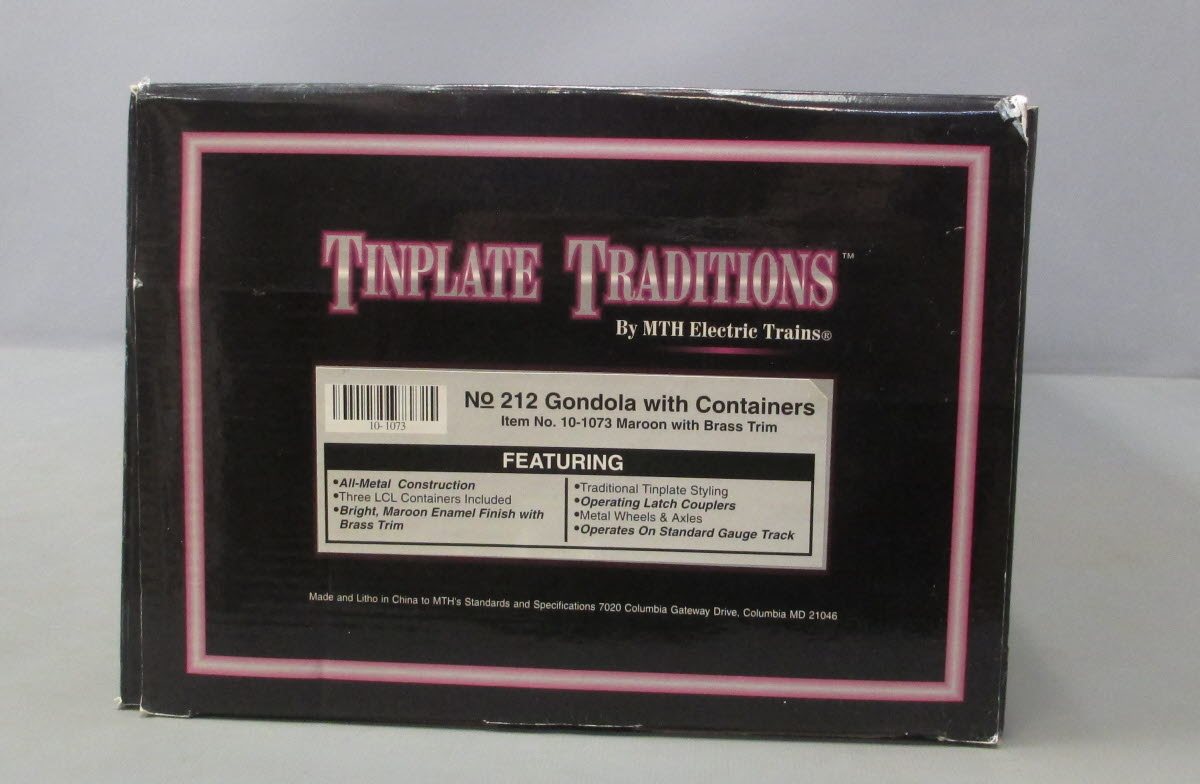 MTH 10-1073 Standard Gauge Tinplate 212 Maroon Gondola with Containers