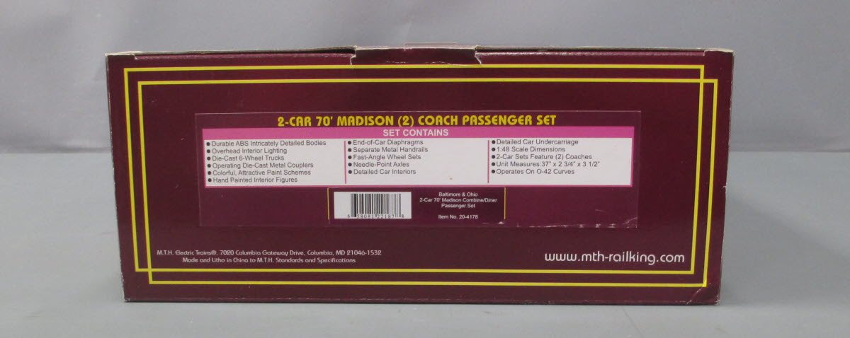 MTH 20-4178 O Baltimore & Ohio 70' Madison Comb/Diner Passenger Set (Set of 2)