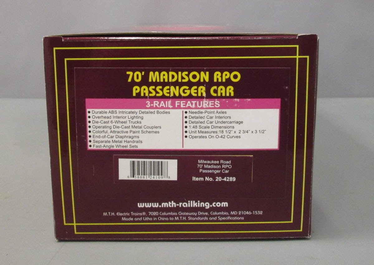 MTH 20-4289 Milwaukee Road 70' Madison RPO Passenger Car