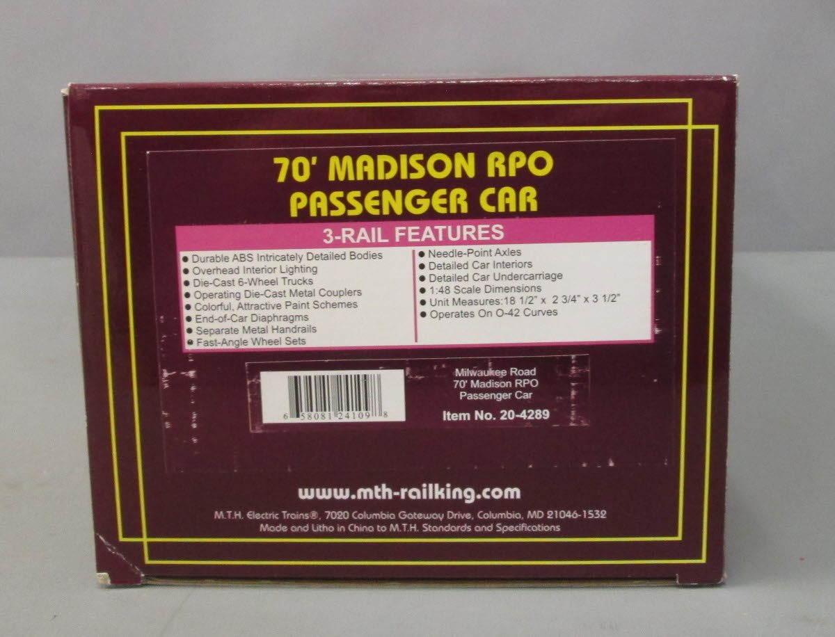 MTH 20-4289 Milwaukee Road 70' Madison RPO Passenger Car