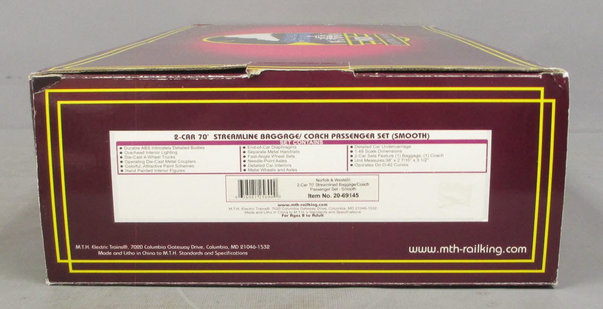 MTH 20-69145 O N&W 70’ Streamlined Baggage/Coach Passenger Car Set (Set of 2)