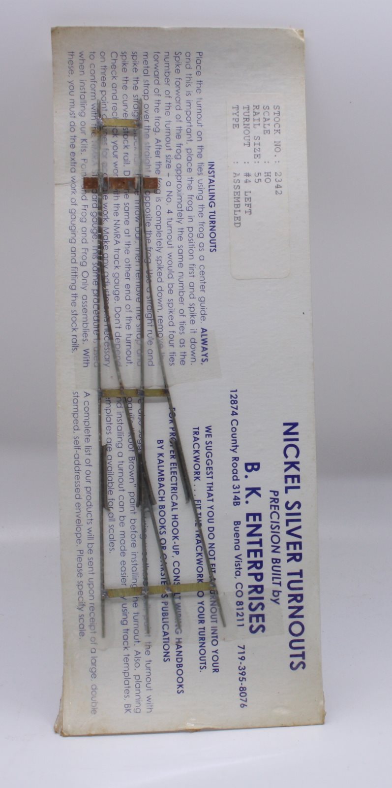 BK Enterprises 180-2342 HO Scale Code 55 Turnout #4 Left Hand