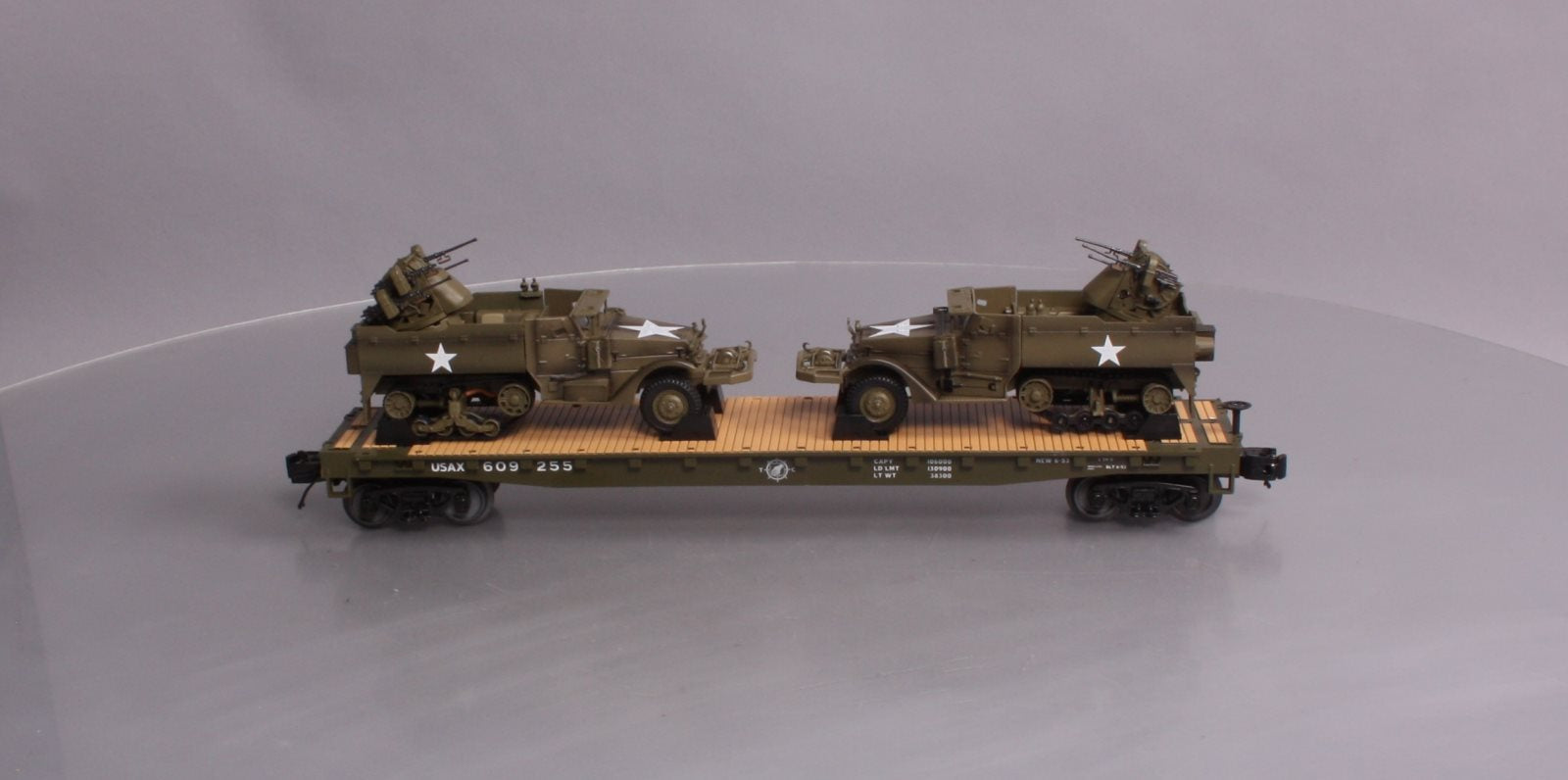 MTH 20-95327 O US Army Flatcar w/Half-Track M16 Scout Car #609255