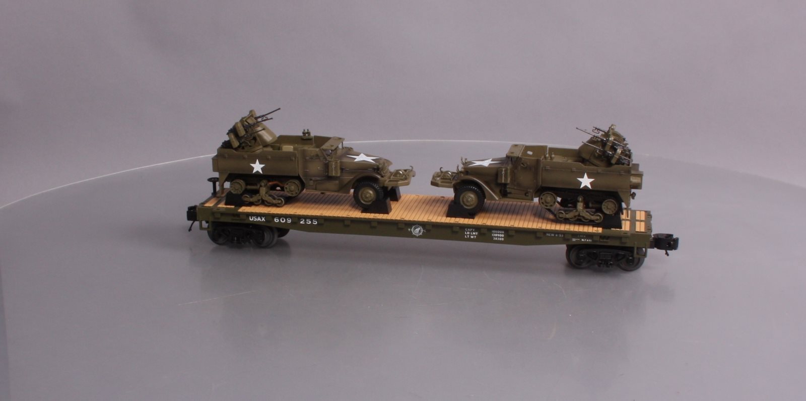 MTH 20-95327 O US Army Flatcar w/Half-Track M16 Scout Car #609255