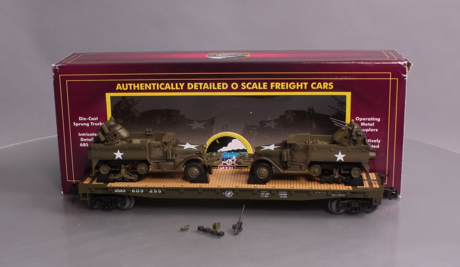 MTH 20-95327 O US Army Flatcar w/Half-Track M16 Scout Car #609255
