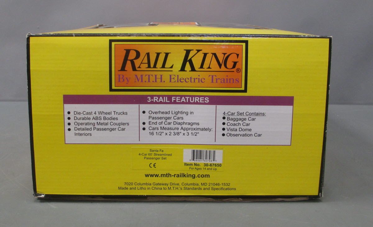MTH 30-67650 O Gauge ATSF RailKing 60' Streamlined Passenger Cars (Set of 4)