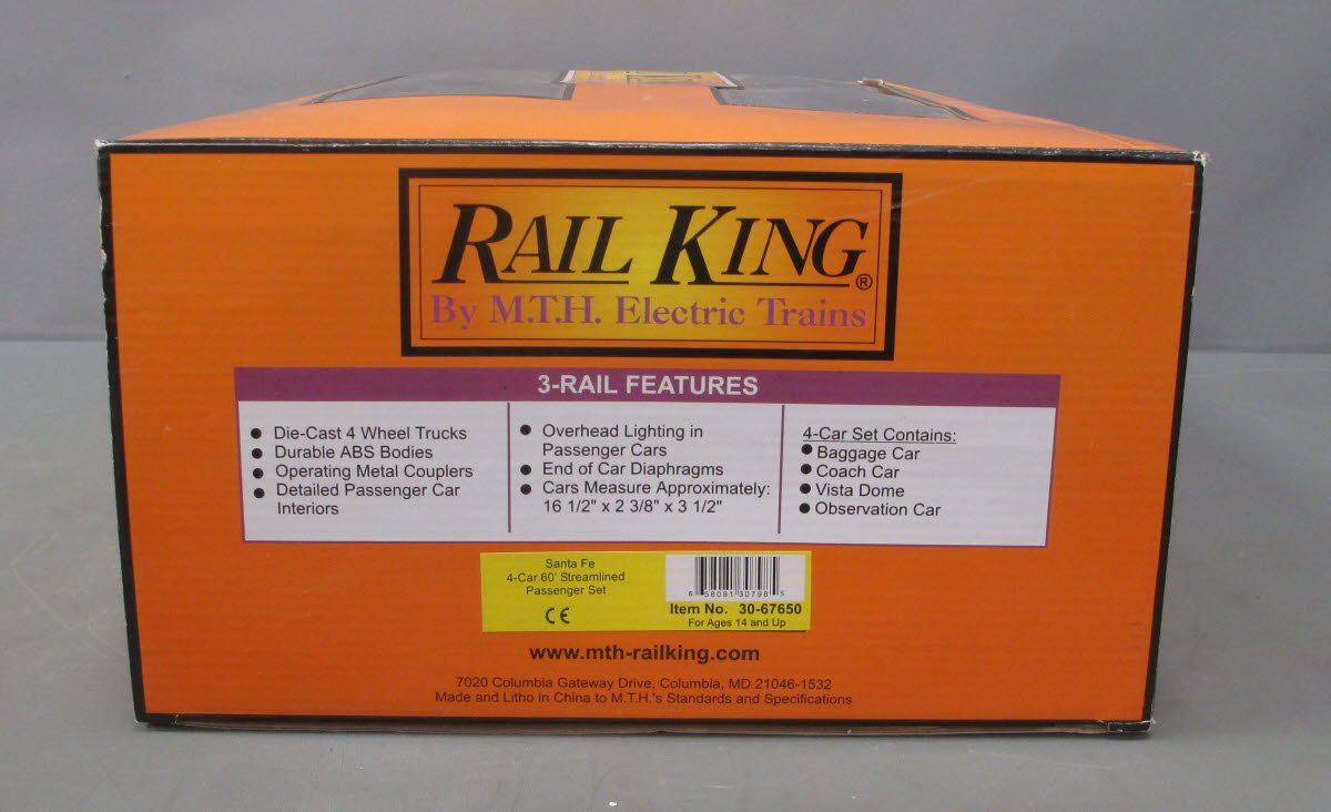 MTH 30-67650 O Gauge ATSF RailKing 60' Streamlined Passenger Cars (Set of 4)