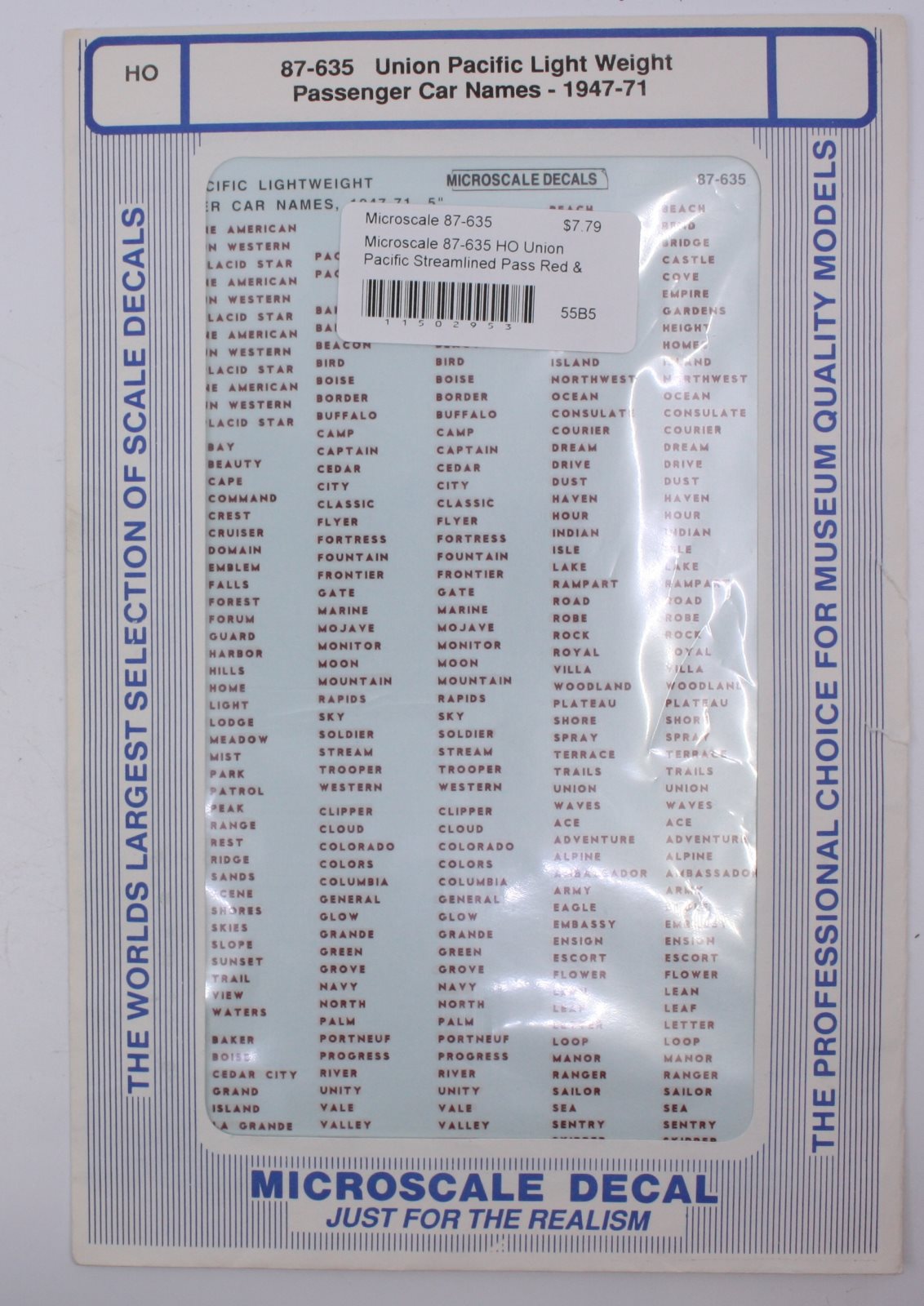 Microscale 87-635 HO Red & Black UP Passenger Car Names Decal Sheet