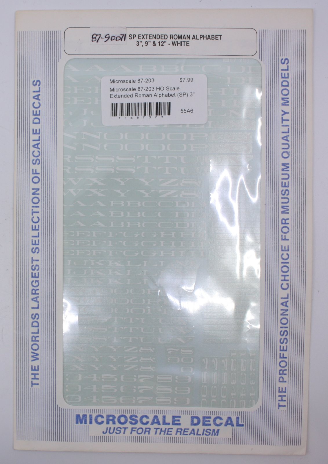 Microscale 87-203 HO  3" 9" & 12" White SP Extended Roman Alphabet Decal Sheet