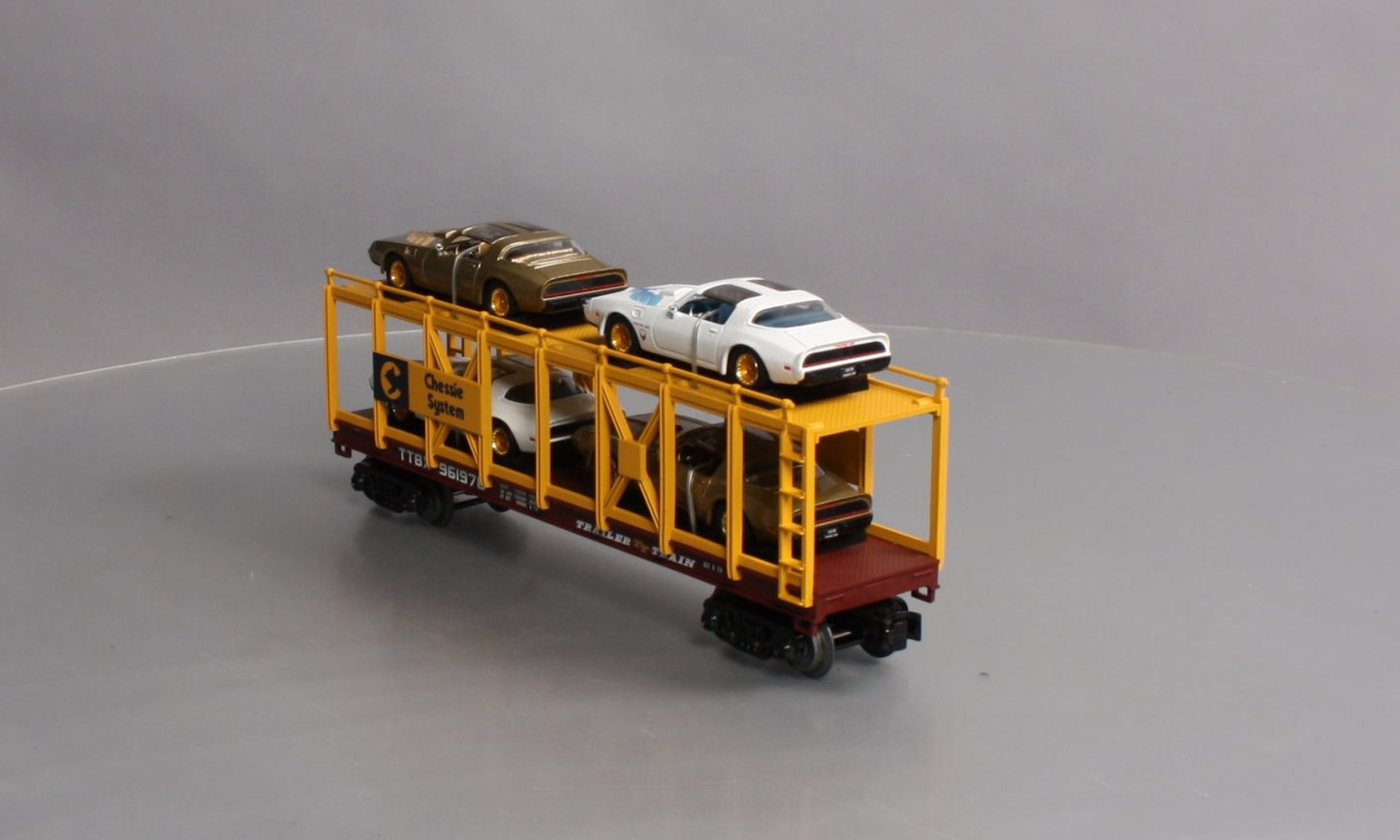 MTH 30-76642 O Chessie Auto Carrier Flat Car with 4 '79 Pontiac Firebird