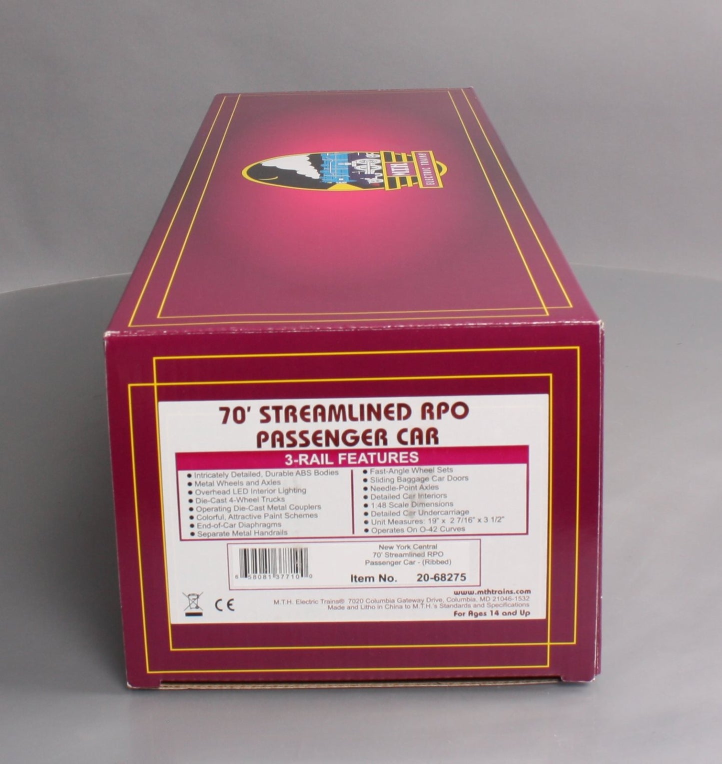 MTH 20-68275 O New York Central 70' Streamlined RPO Passenger Car (Ribbed Sided)