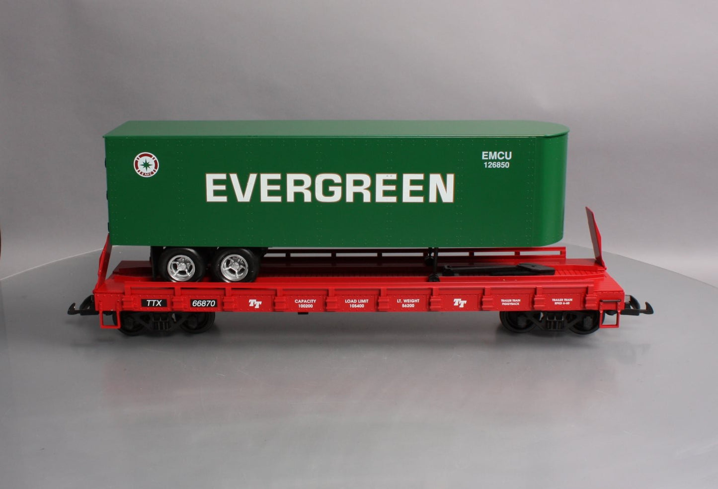 USA Trains R17016 G Evergreen Piggyback Flatcar with Trailer